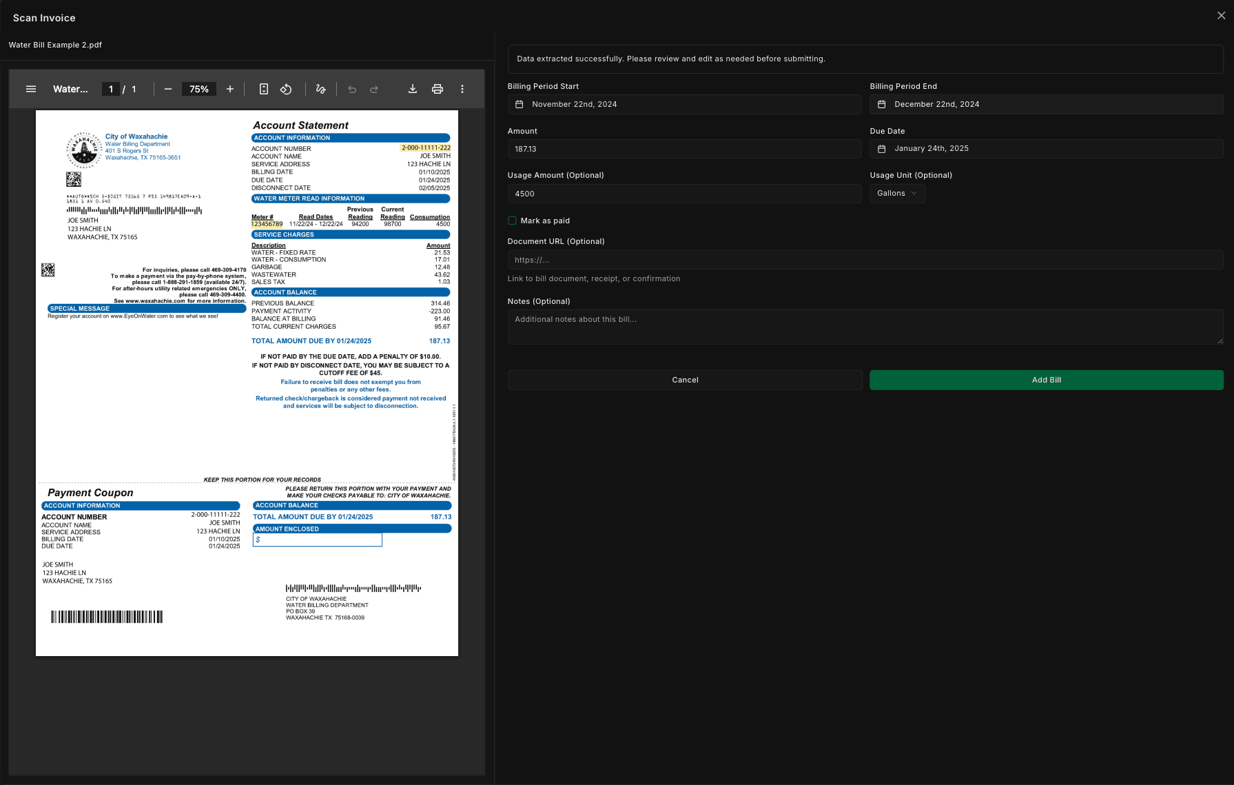 Invoice scanning interface (dark)